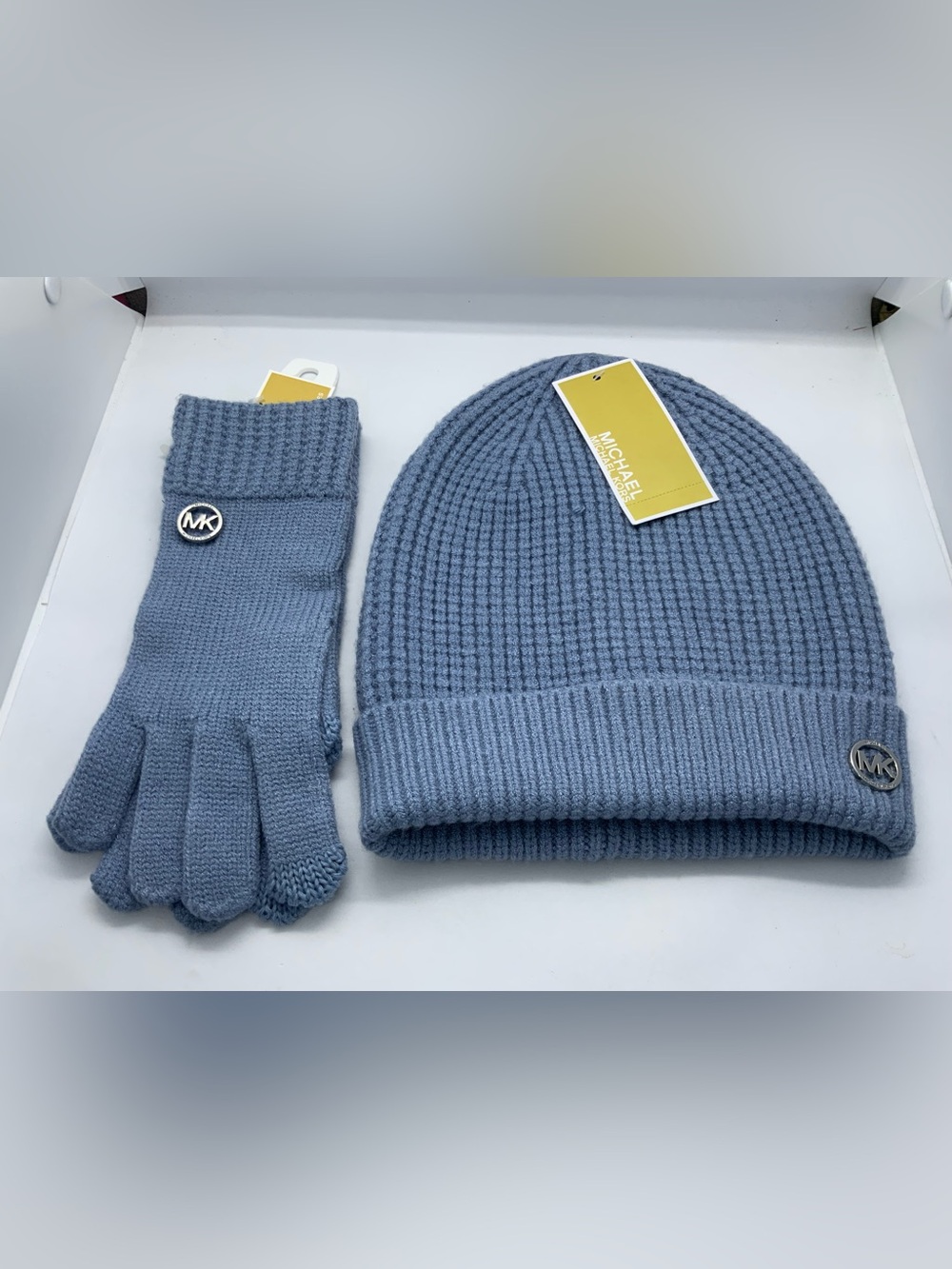 Michael Kors Light Blue Knit Beanie and Glove Set